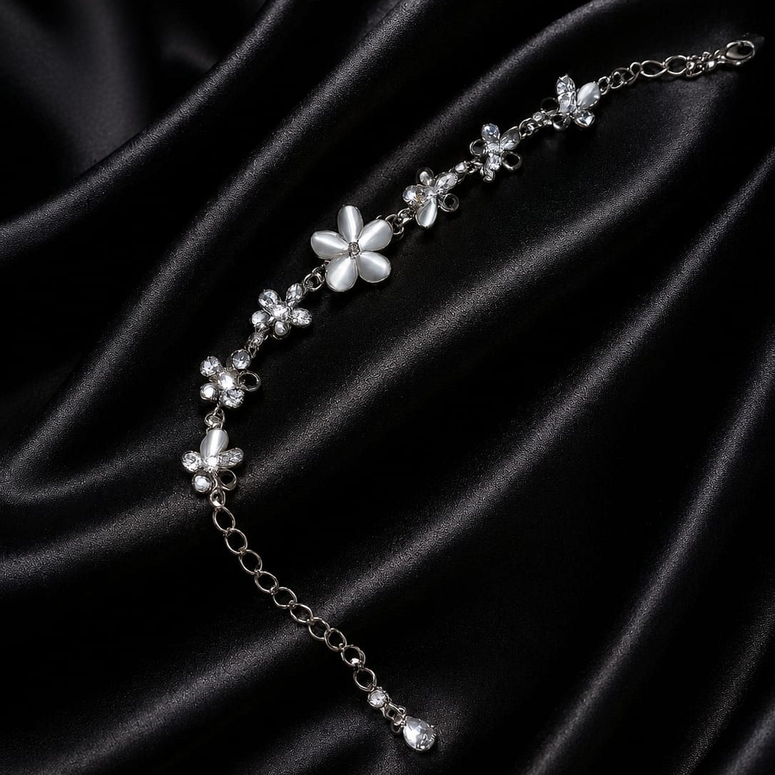 Silver Stainless Steel Adjustable Floral Charm Bracelet