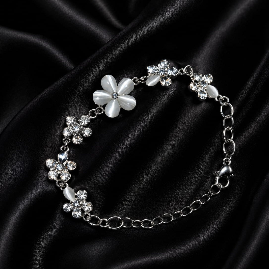 Silver Stainless Steel Adjustable Floral Charm Bracelet