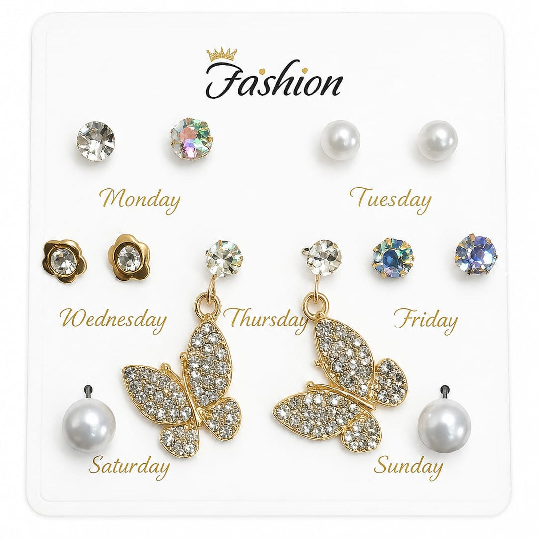 Elegant 7-Pair Butterfly Earrings Set with Pearl & Crystal Studs for Women